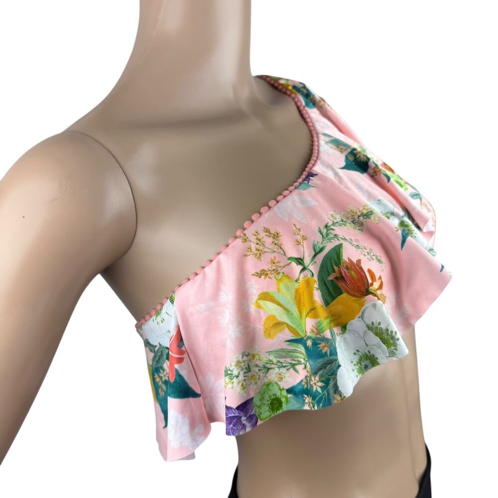 Isabella Rose Bikini Top M Pink Floral Ruffle One Shoulder Swim Top New with Tag